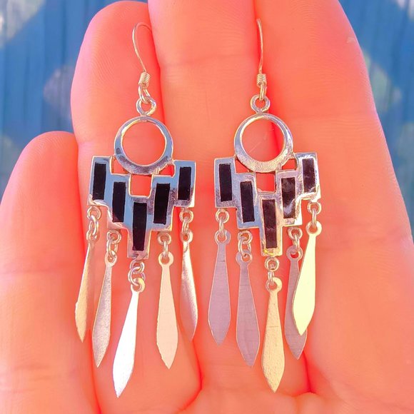 Vintage Jewelry Vintage Onyx Sterling Silver Geometric Fringe